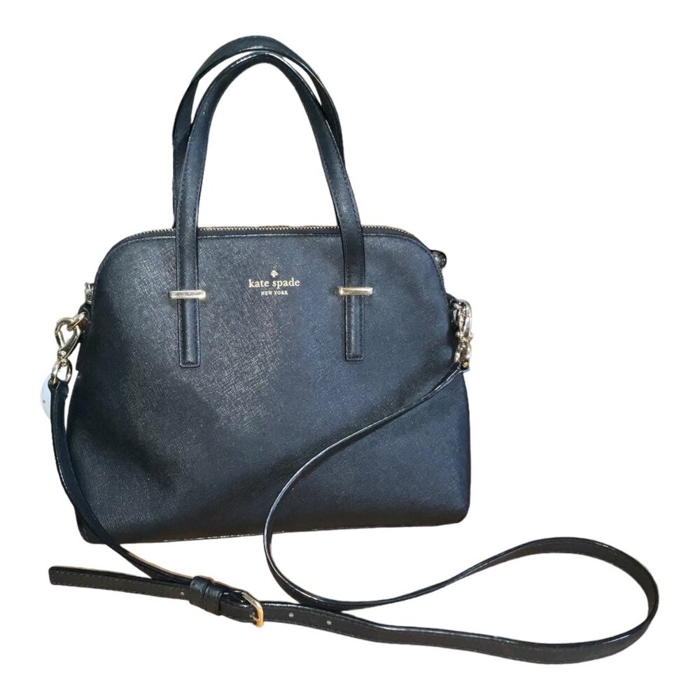 Kate Spade New York Black Leather Satchel Bag With Polka Dot Lining & Adjustable